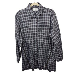 One Teaspoon Shirt Mens Small Flannel Button Down Upsized Raw Hem Side Zippers